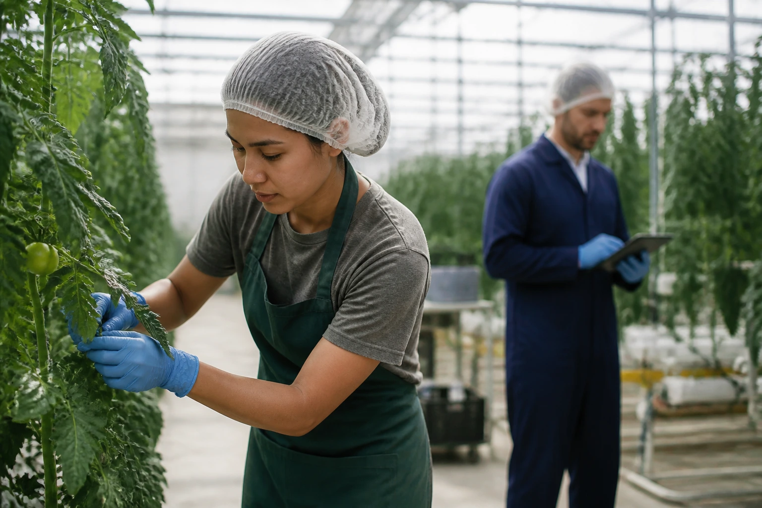 Two greenhouse workers showing entry-level and skilled roles contrast