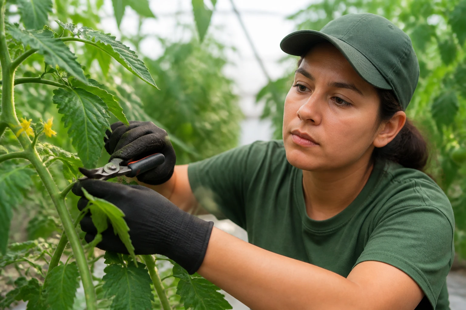 Greenhouse worker pruning during shift