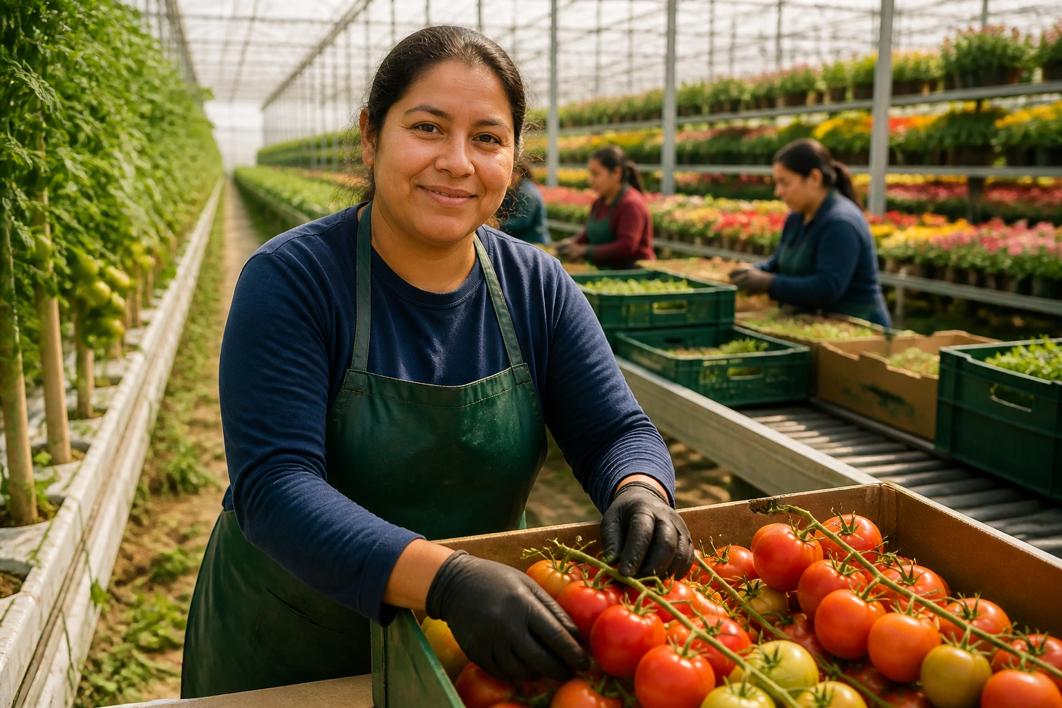 Greenhouse worker amid vegetable rows and packing lines