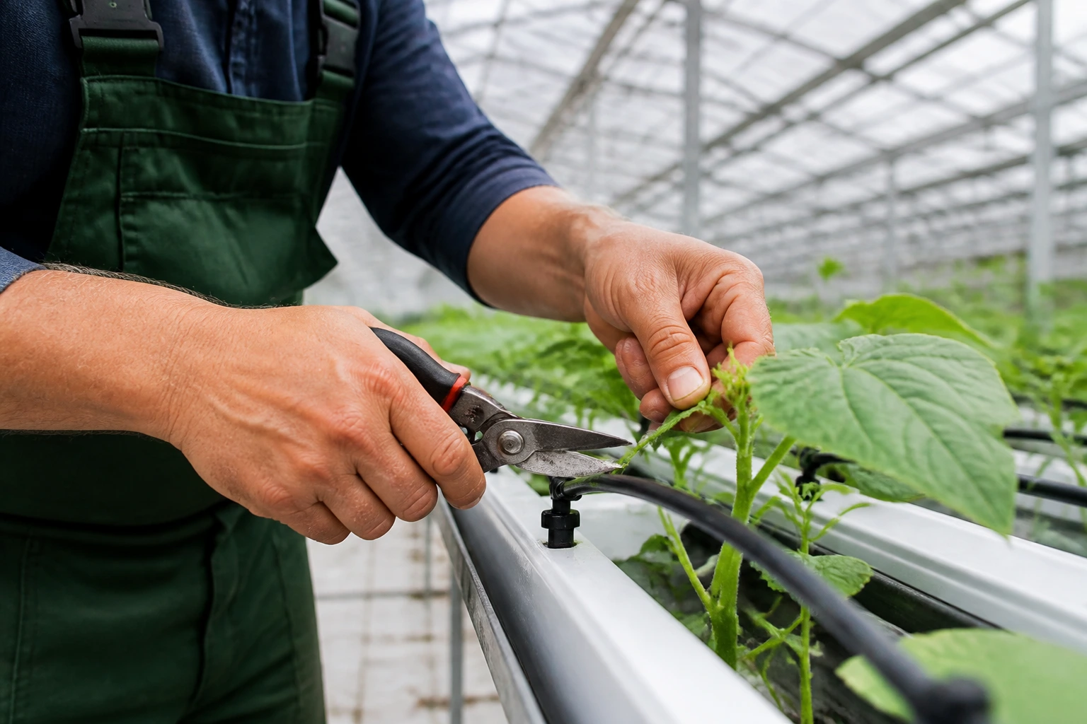 Close-up of skilled greenhouse worker's hands on pruning and irrigation