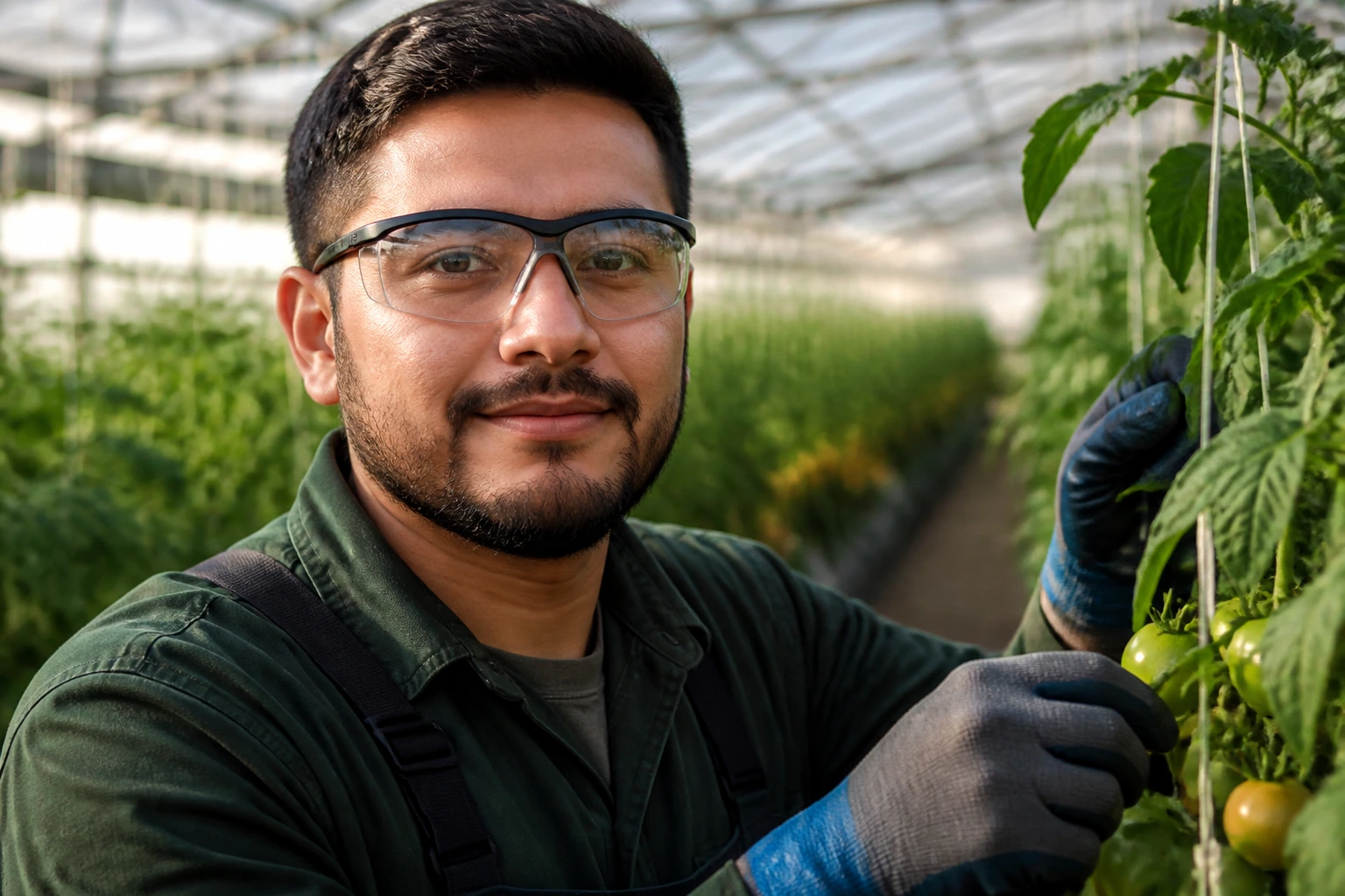 Close-up portrait of a greenhouse worker emphasizing reliability, safety, and punctuality