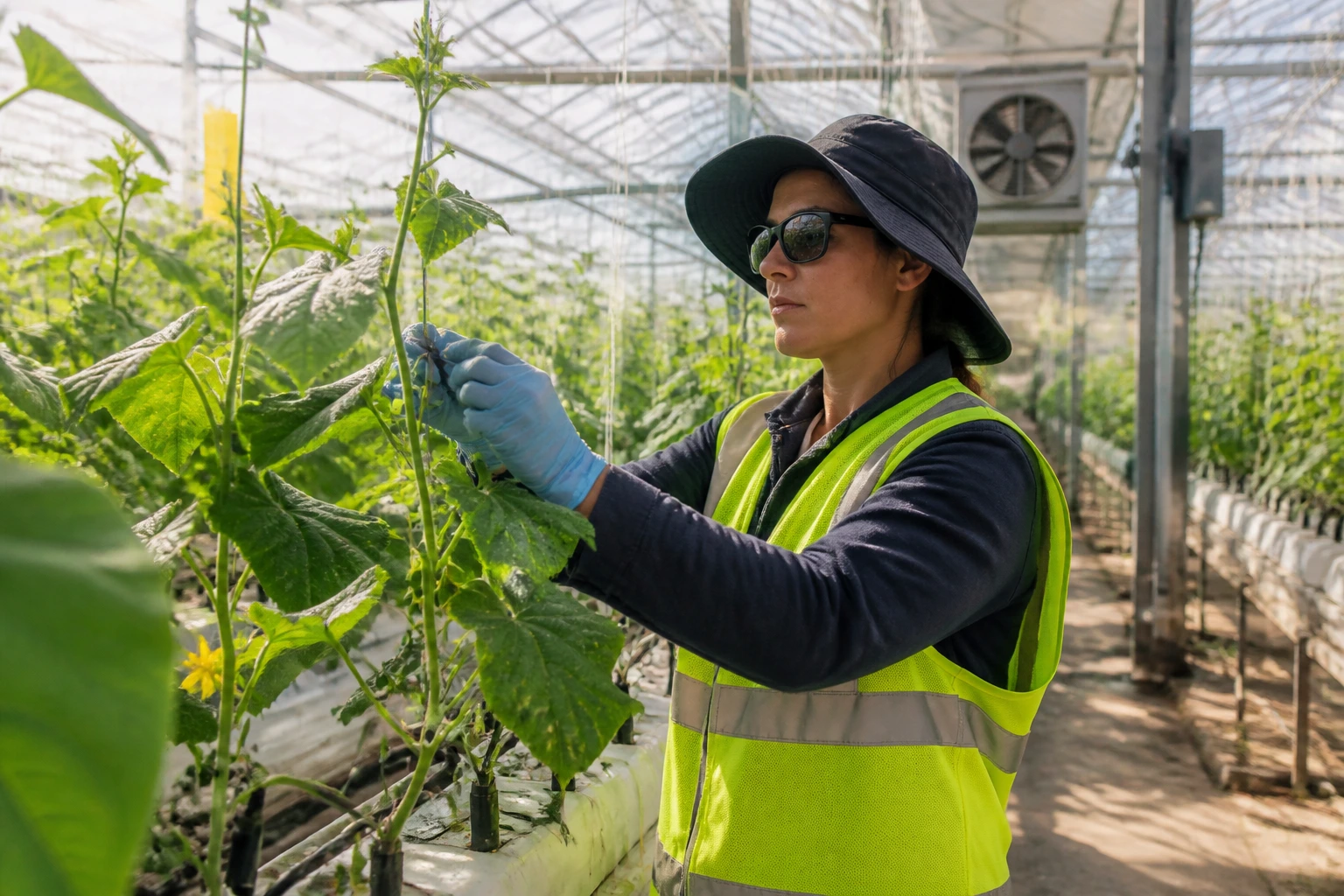 Greenhouse worker in PPE performing daily tasks inside a glasshouse