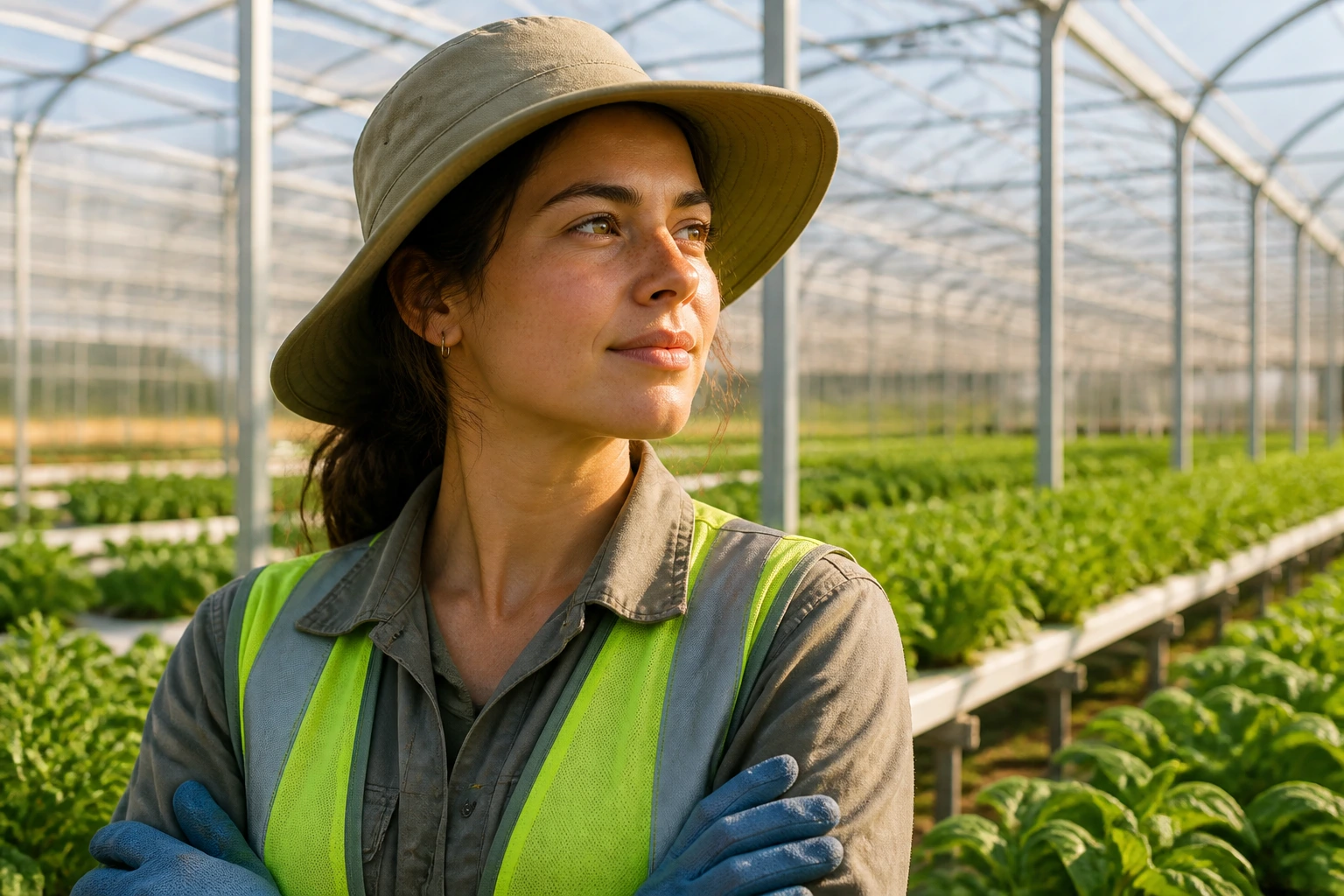 Close-up portrait of a greenhouse worker in safety gear inside a sunlit glasshouse