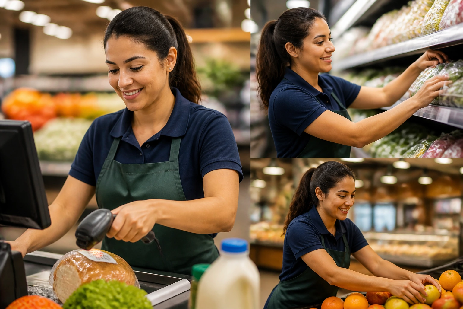 Real person working in a grocery store performing multiple roles