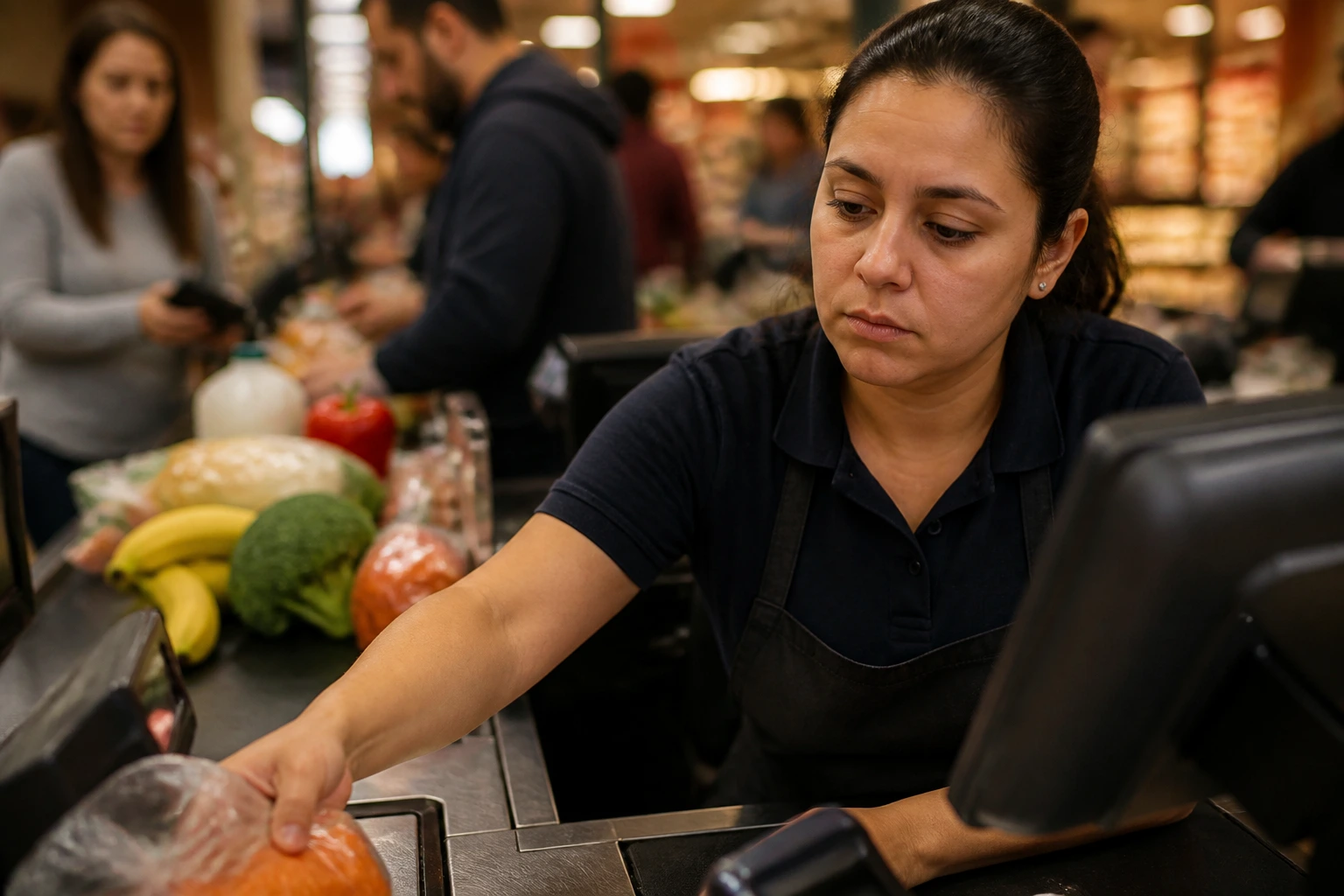 Close-up of a tired grocery cashier at a busy checkout illustrating pay and hours.