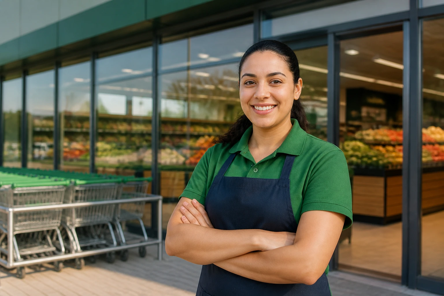 Portrait of a grocery worker in uniform in front of a generic storefront exterior