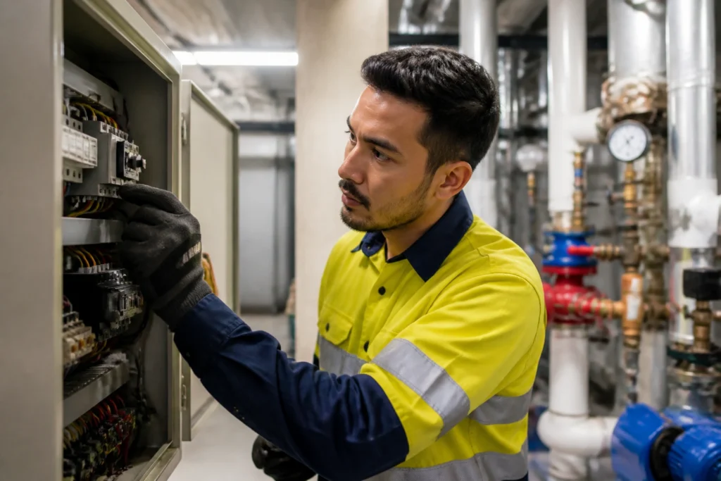 Maintenance worker inspecting a control panel in a building service room