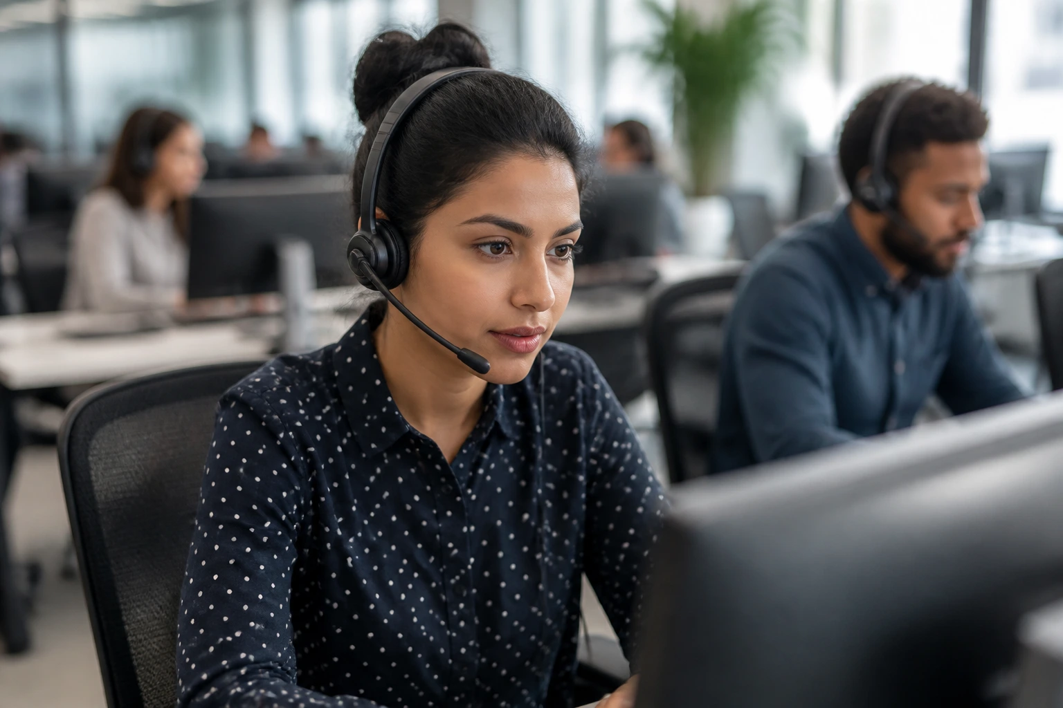 Close-up portrait of a real bilingual customer service representative at a desk in an office.