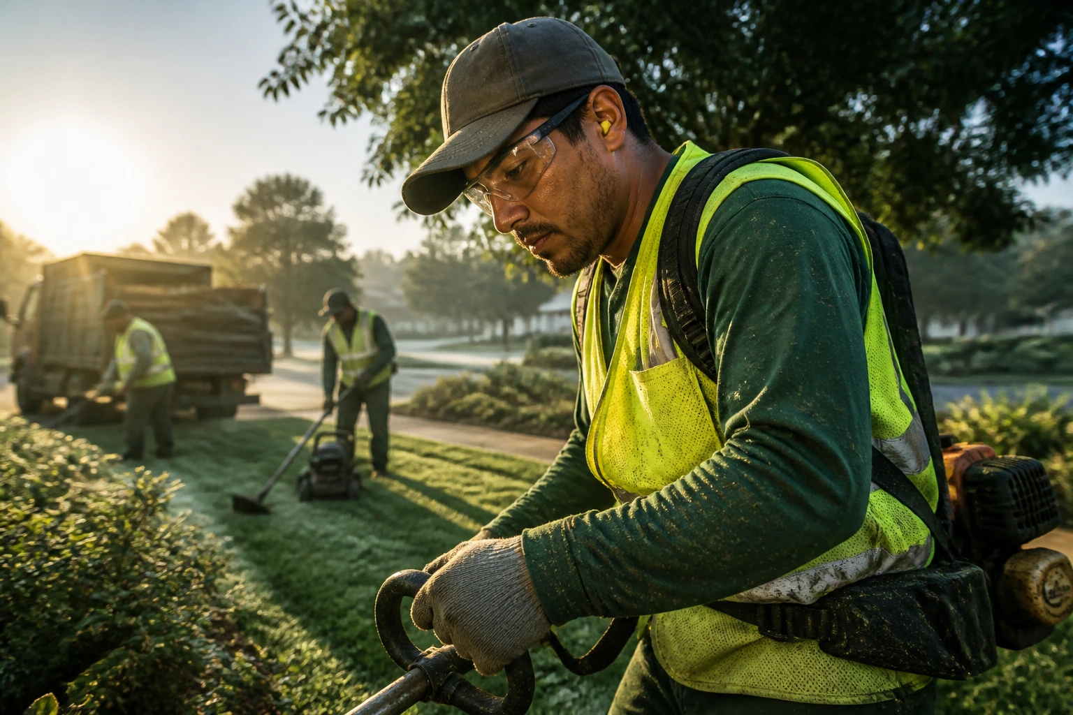 Portrait of a grounds crew worker in PPE on a lawn with equipment nearby.