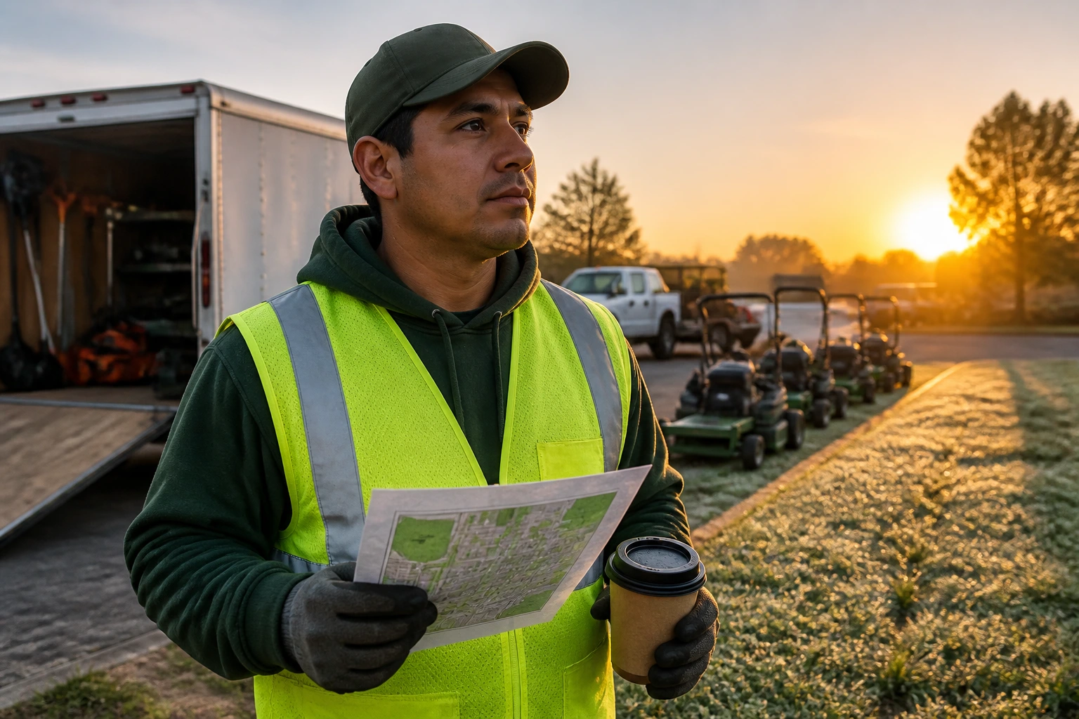 Groundskeeper in hi-vis gear in truck yard during dawn