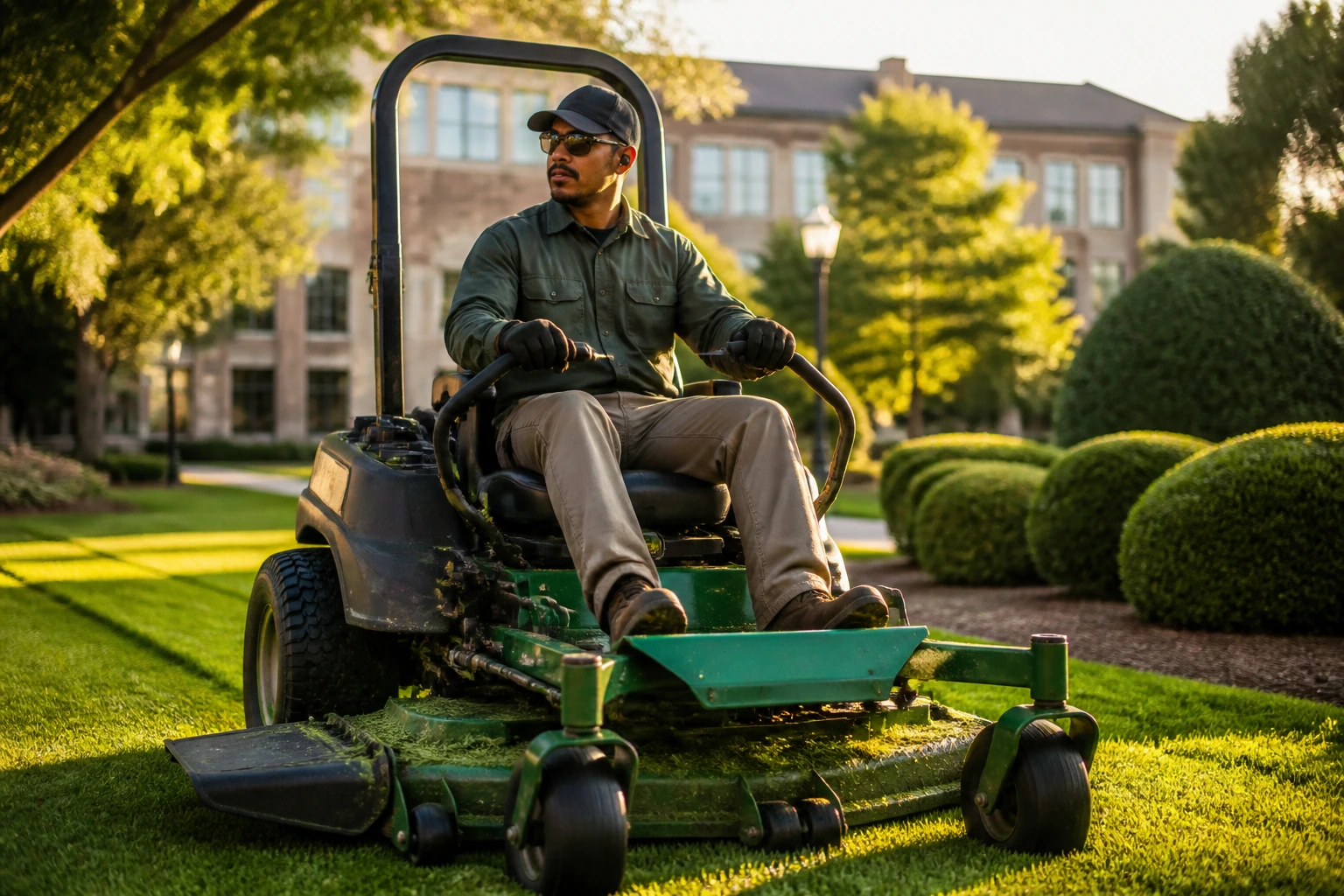 Portrait of a groundskeeper operating a zero-turn mower on a manicured lawn