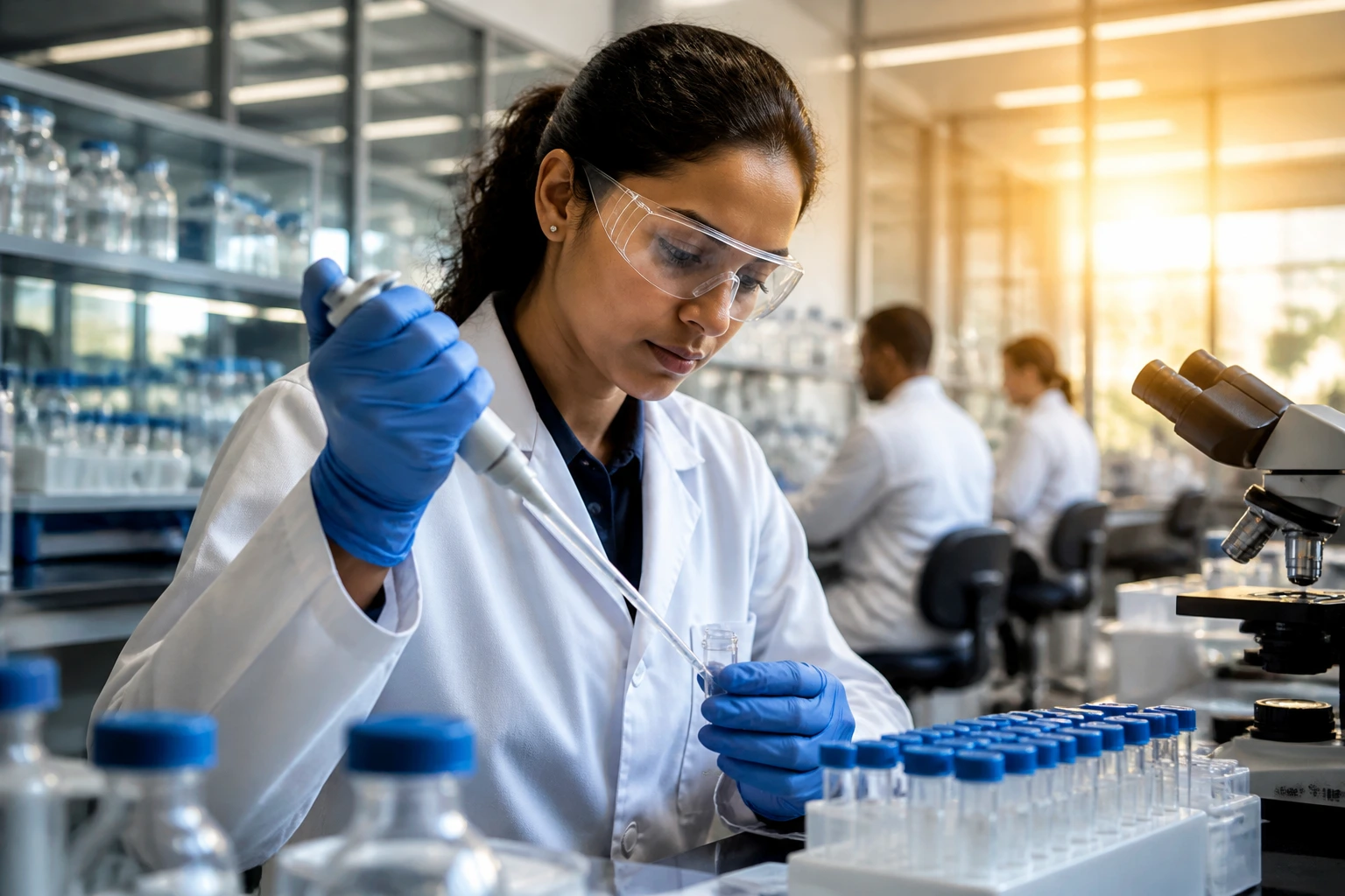 Close-up of a scientist in lab coat using a pipette in a pharmaceutical lab, representing GSK