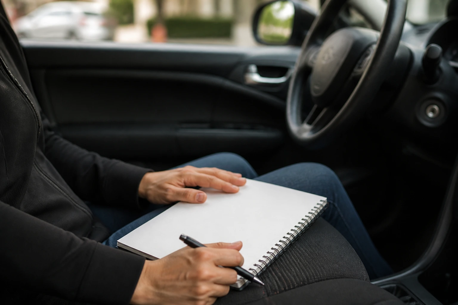 Hand on blank notebook in rideshare car to signify GST record-keeping.