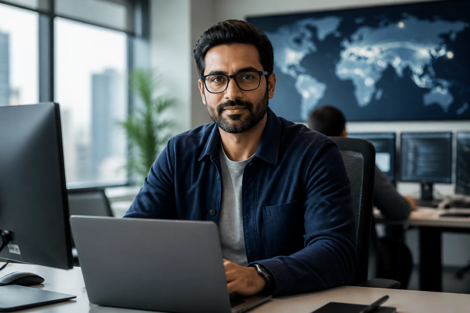 Portrait of a software engineering lead in a modern office with global talent stream concept