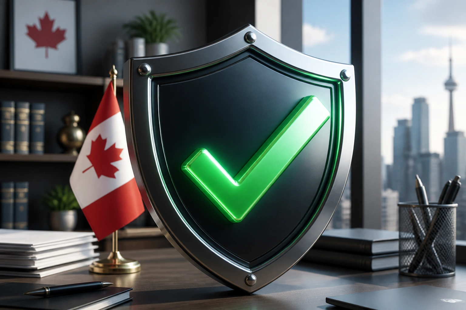 Close-up of a shield with a glowing checkmark symbol in an office.