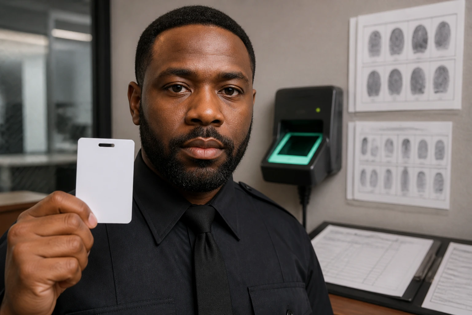 Security guard portrait in office with fingerprint scanner in the background