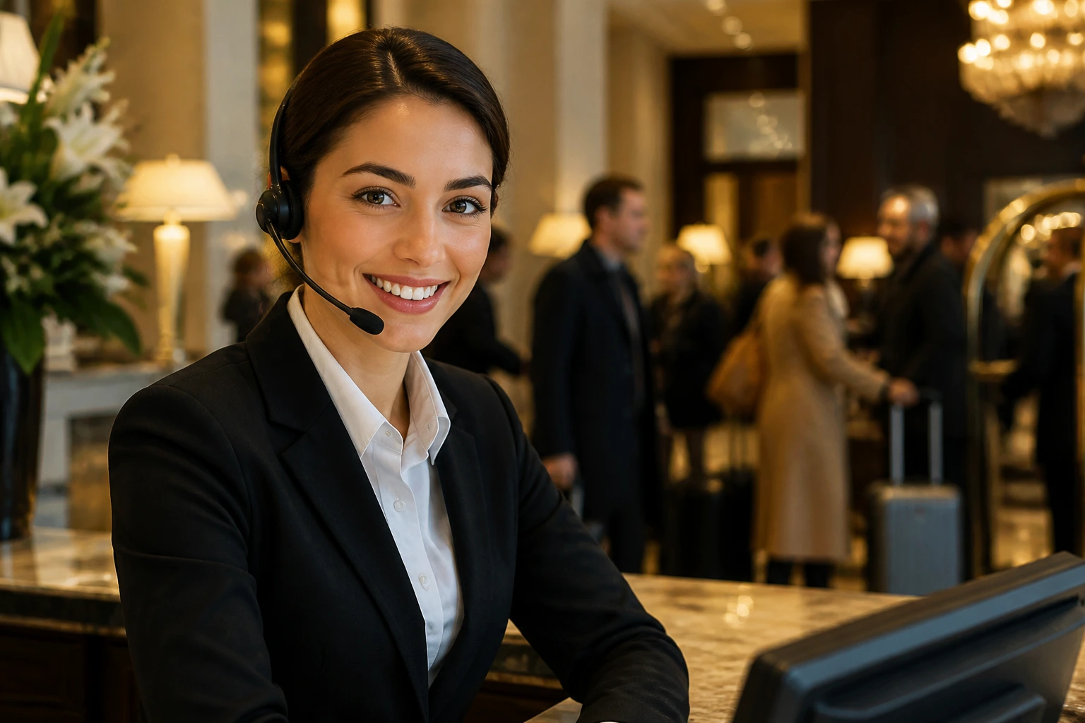 Front desk agent in a busy UK hotel lobby with headset