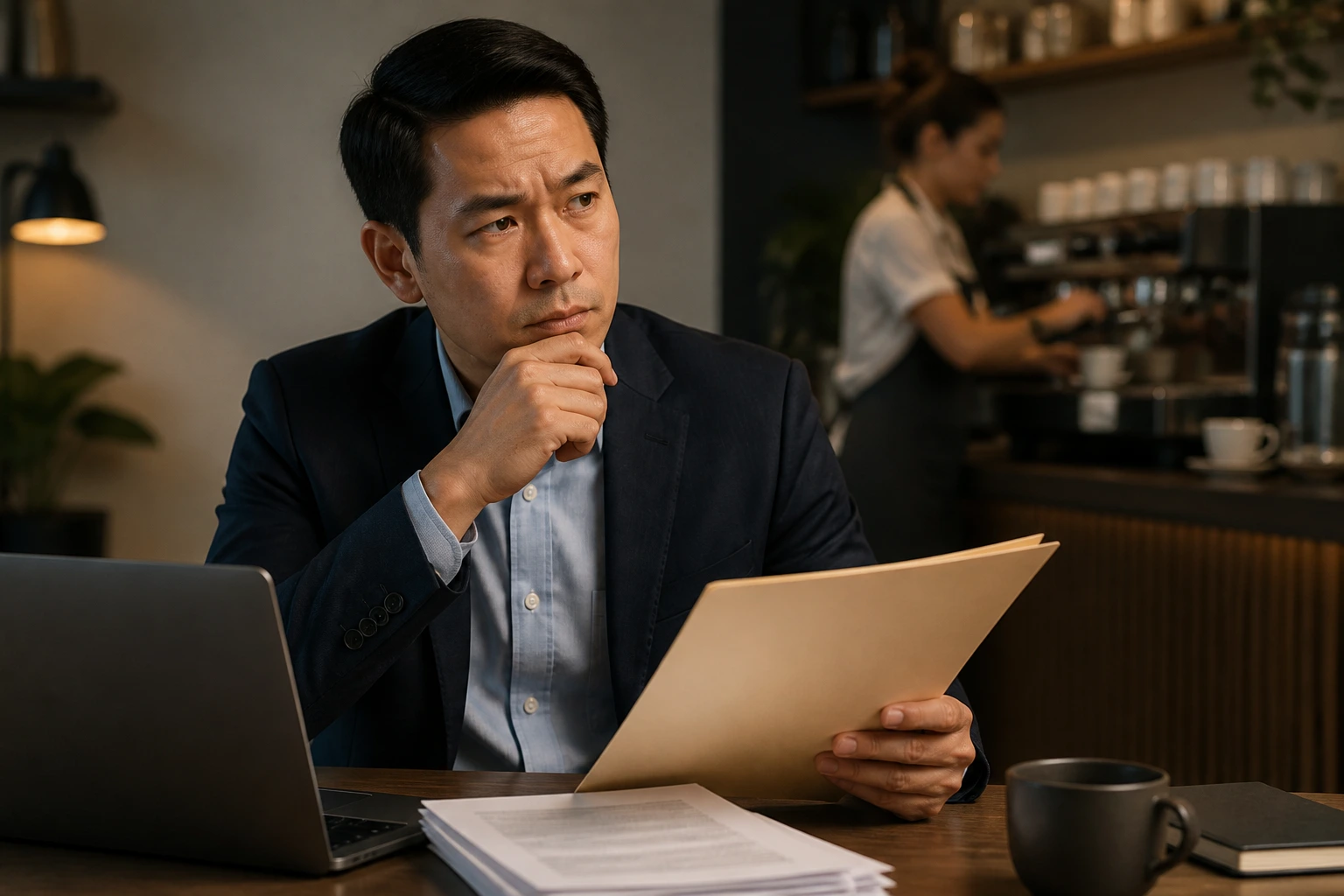 Mid-shot of a businessperson in an office with coffee shop ambiance.