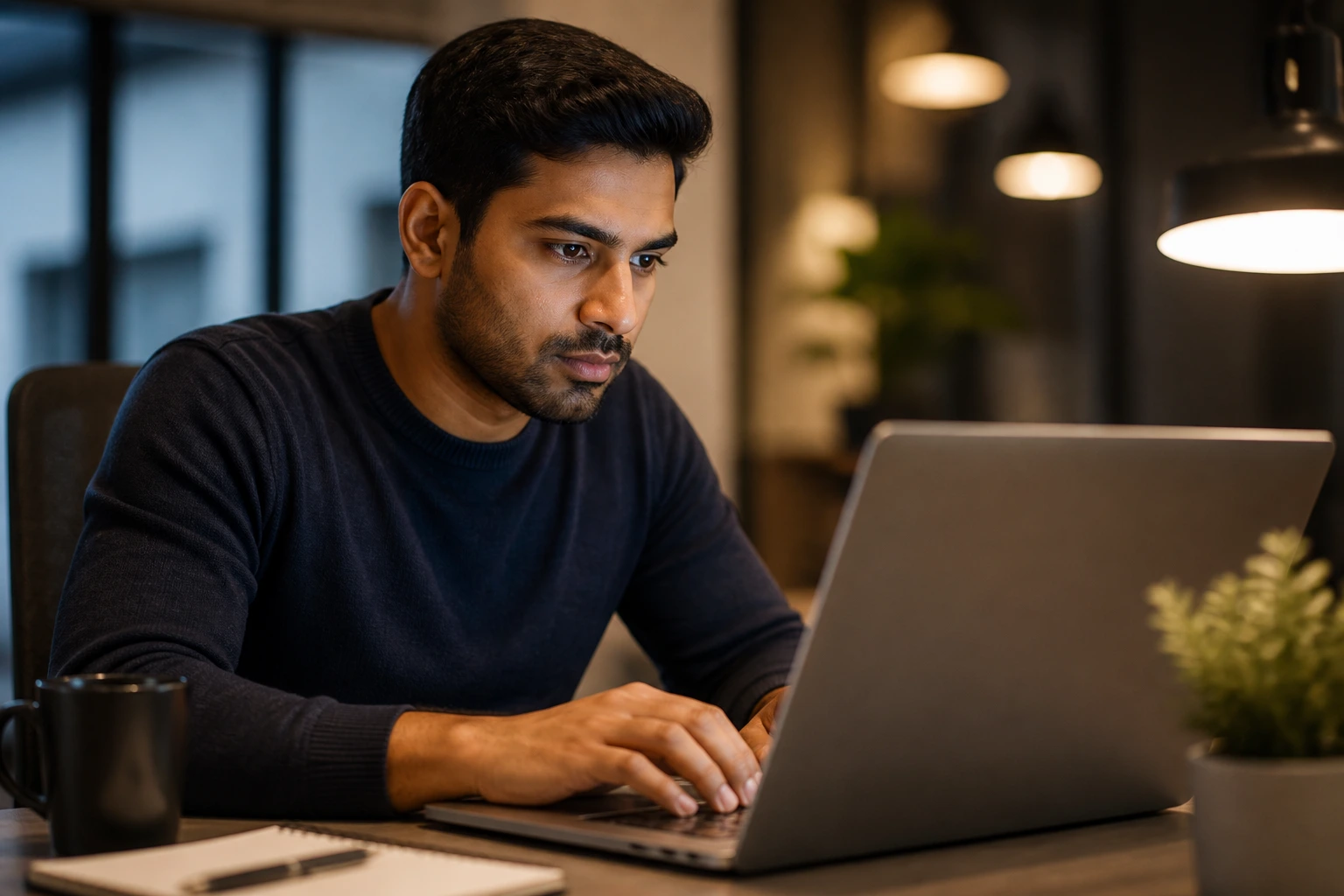 Person at computer in coworking space focusing on sponsorship data