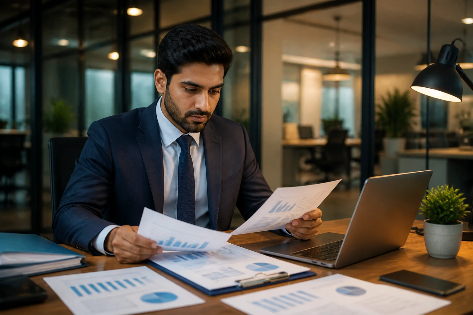Analyst reviewing finance documents in an office with glass walls