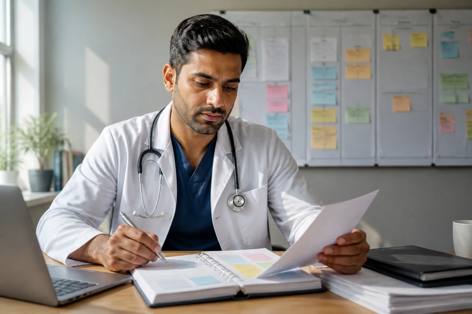 Doctor planning job search at a desk with a planning board
