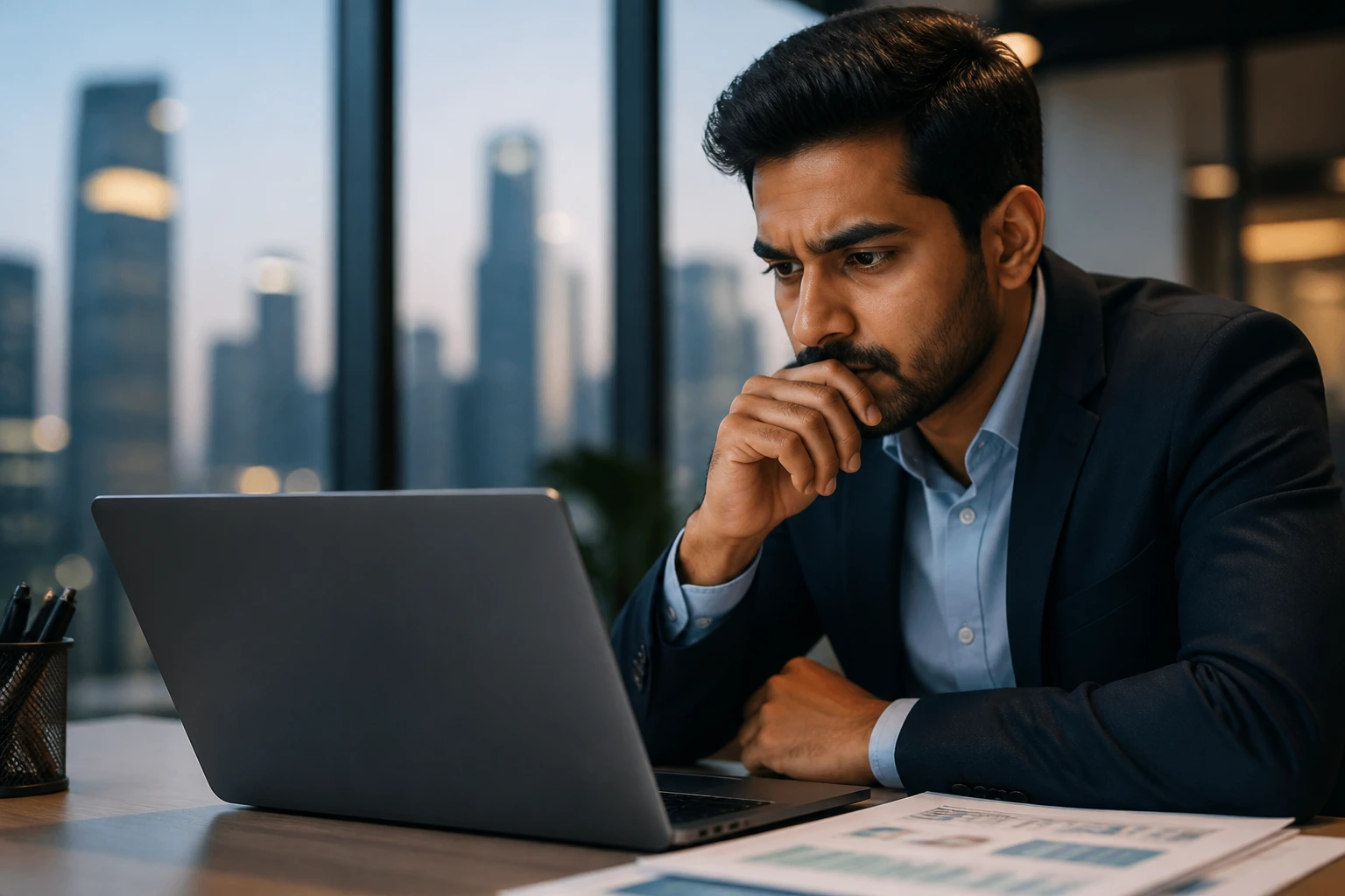 Focused professional at a desk in a corporate setting with a laptop