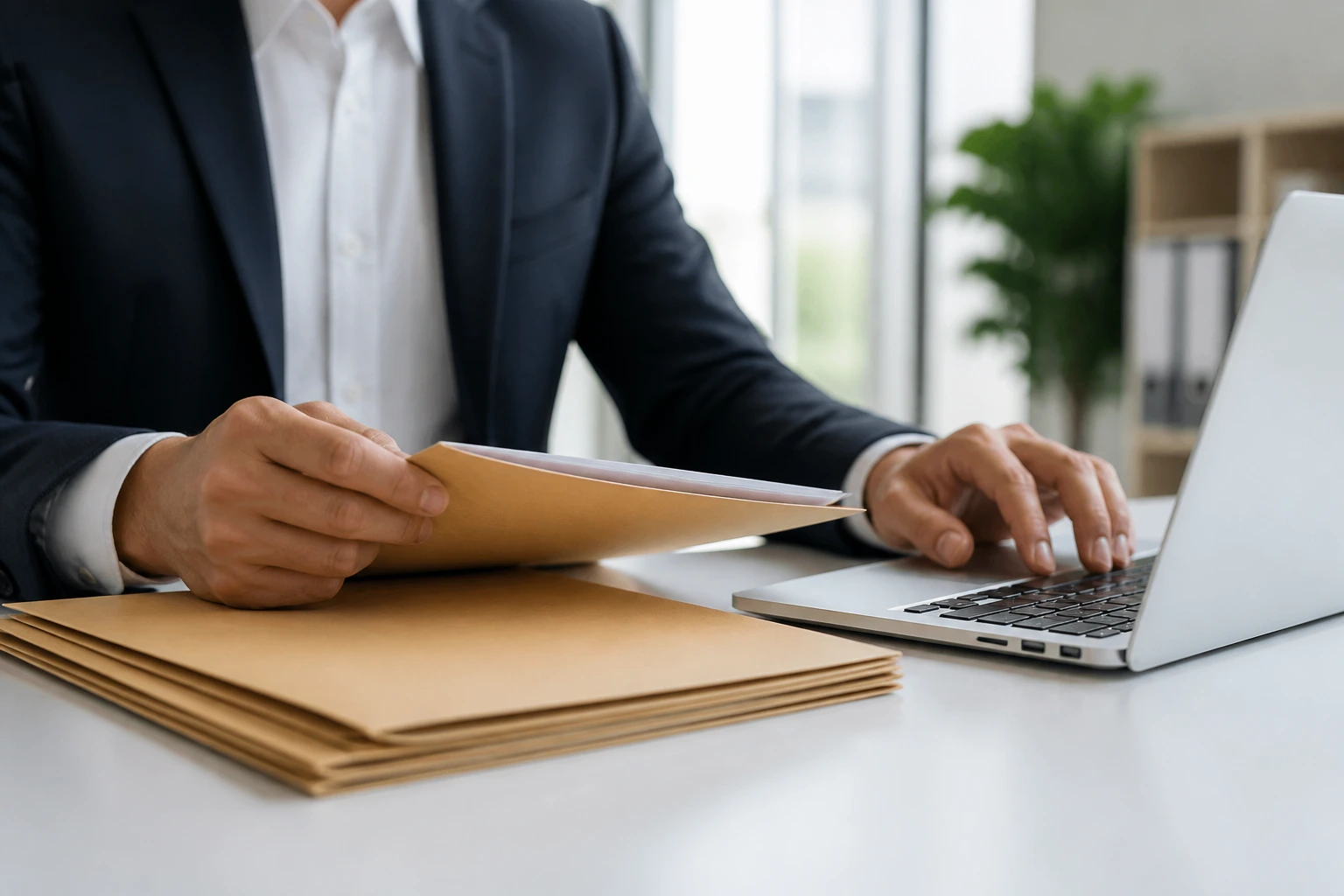 Close-up of an accountant's hands at a desk with a laptop, symbolizing H-1B visa sponsorship in accounting