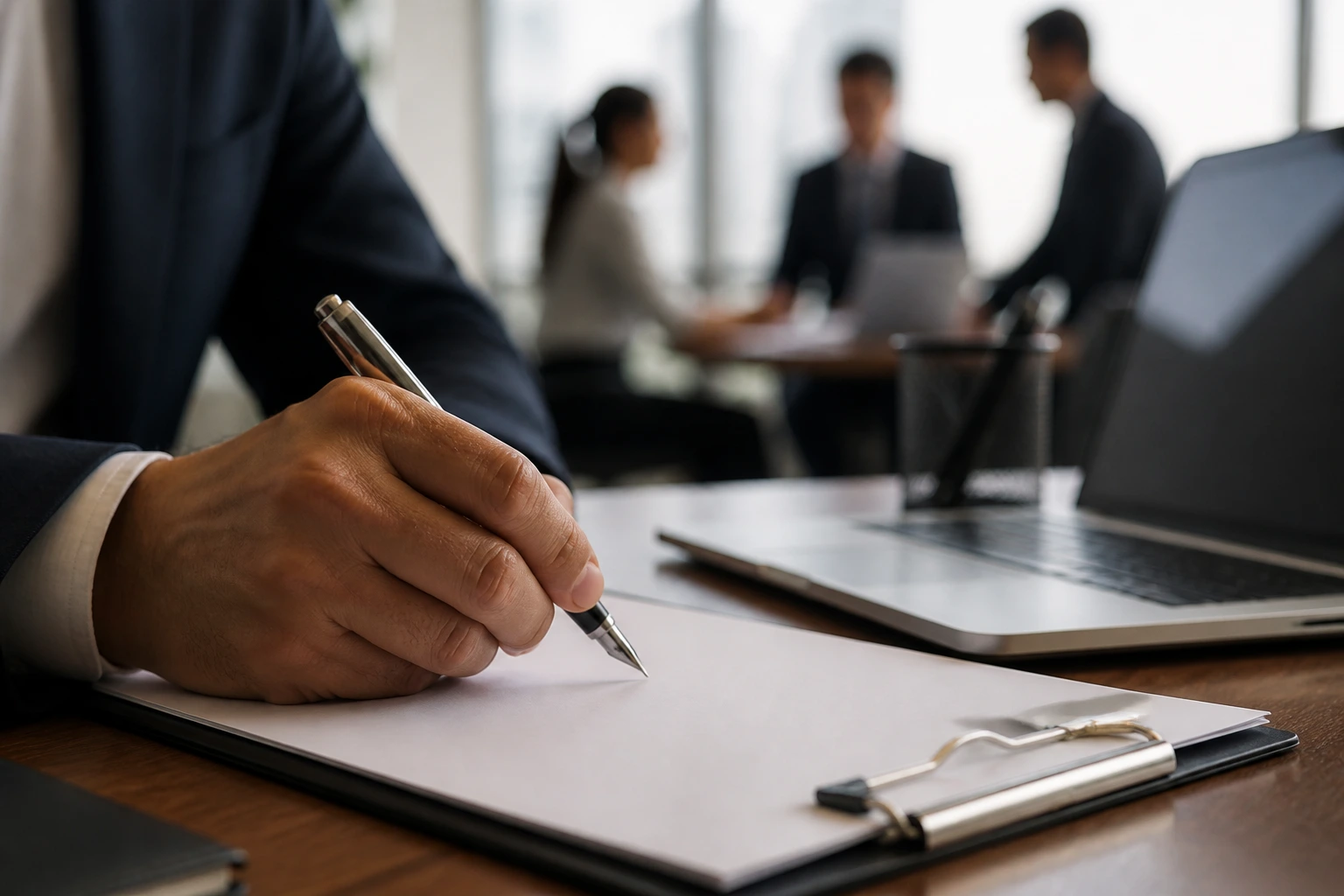 Close-up of a hand signing a blank contract to symbolize H-1B sponsorship process