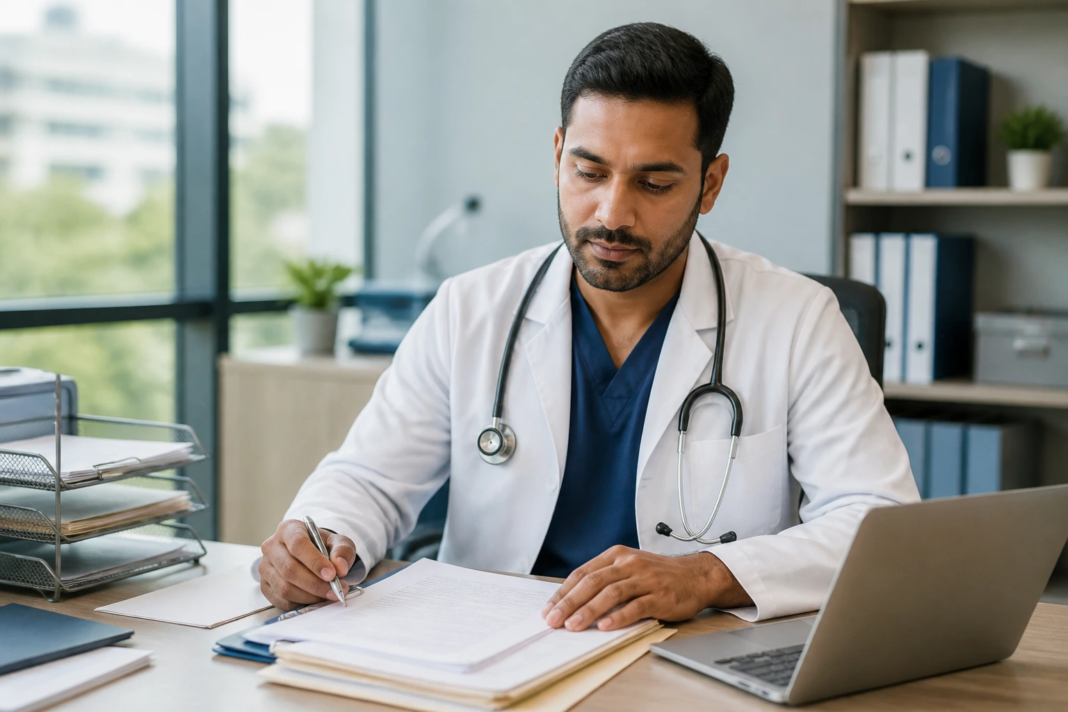 Physician reviewing visa sponsorship paperwork at hospital desk