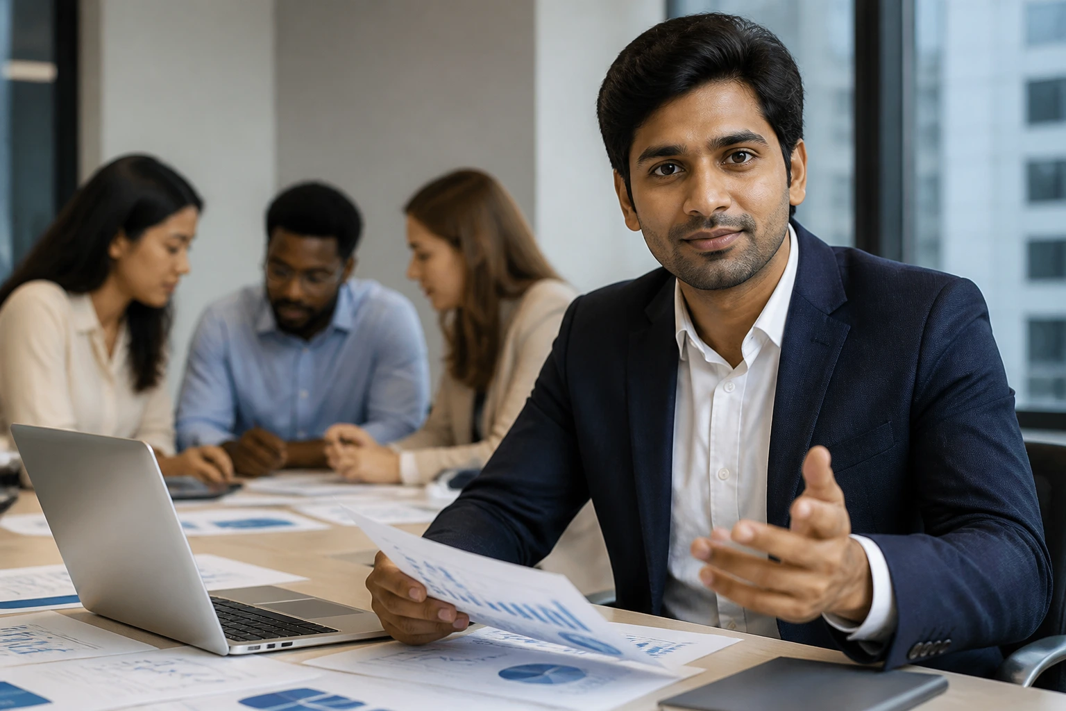 Real financial analyst in a modern office during H-1B sponsorship discussion
