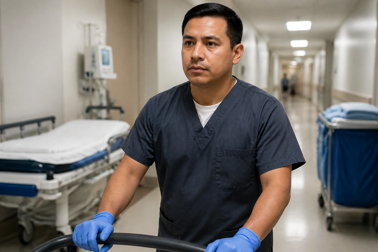 Close-up of a hospital orderly in a corridor, illustrating sponsorship limitations.