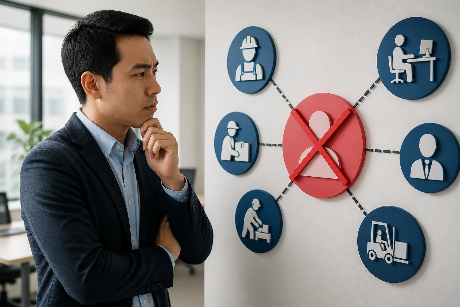 Professional evaluating visa options at a wall diagram in an office