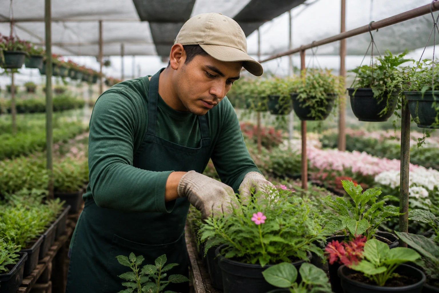 Gardener tending potted plants in greenhouse illustrating overlap with gardening work