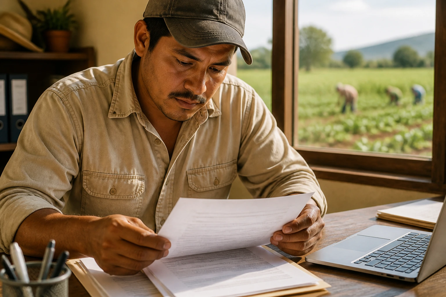Close-up of a farmworker reviewing paperwork with a rural field backdrop