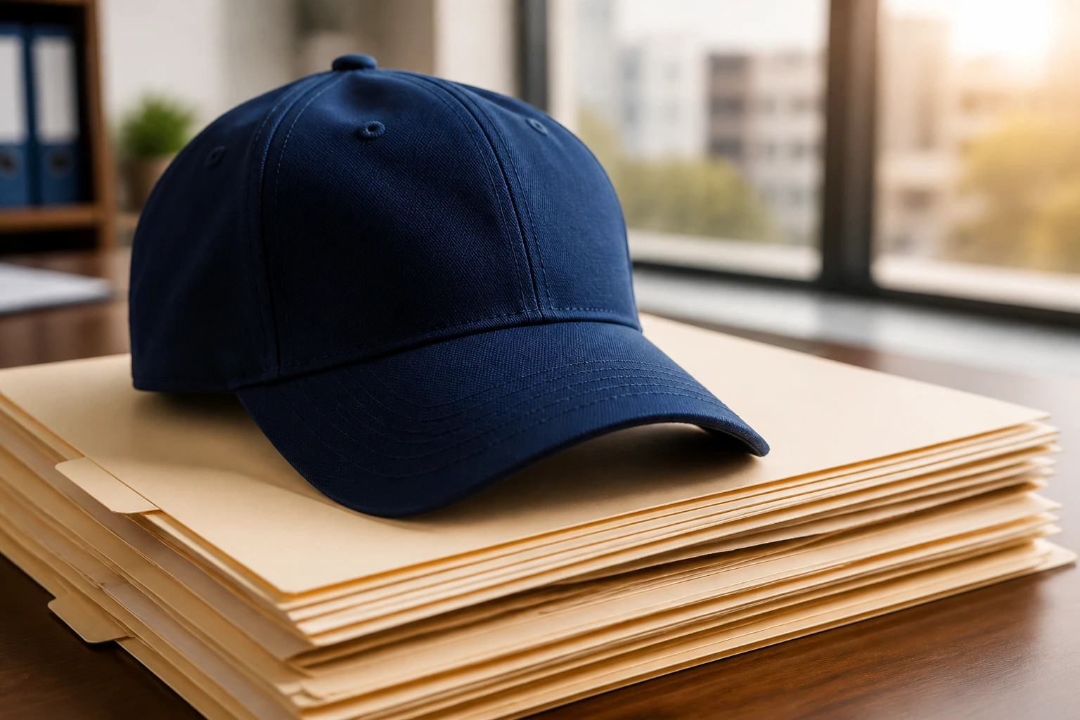 Close-up of a baseball cap atop blank folders on a desk in a sunlit office.