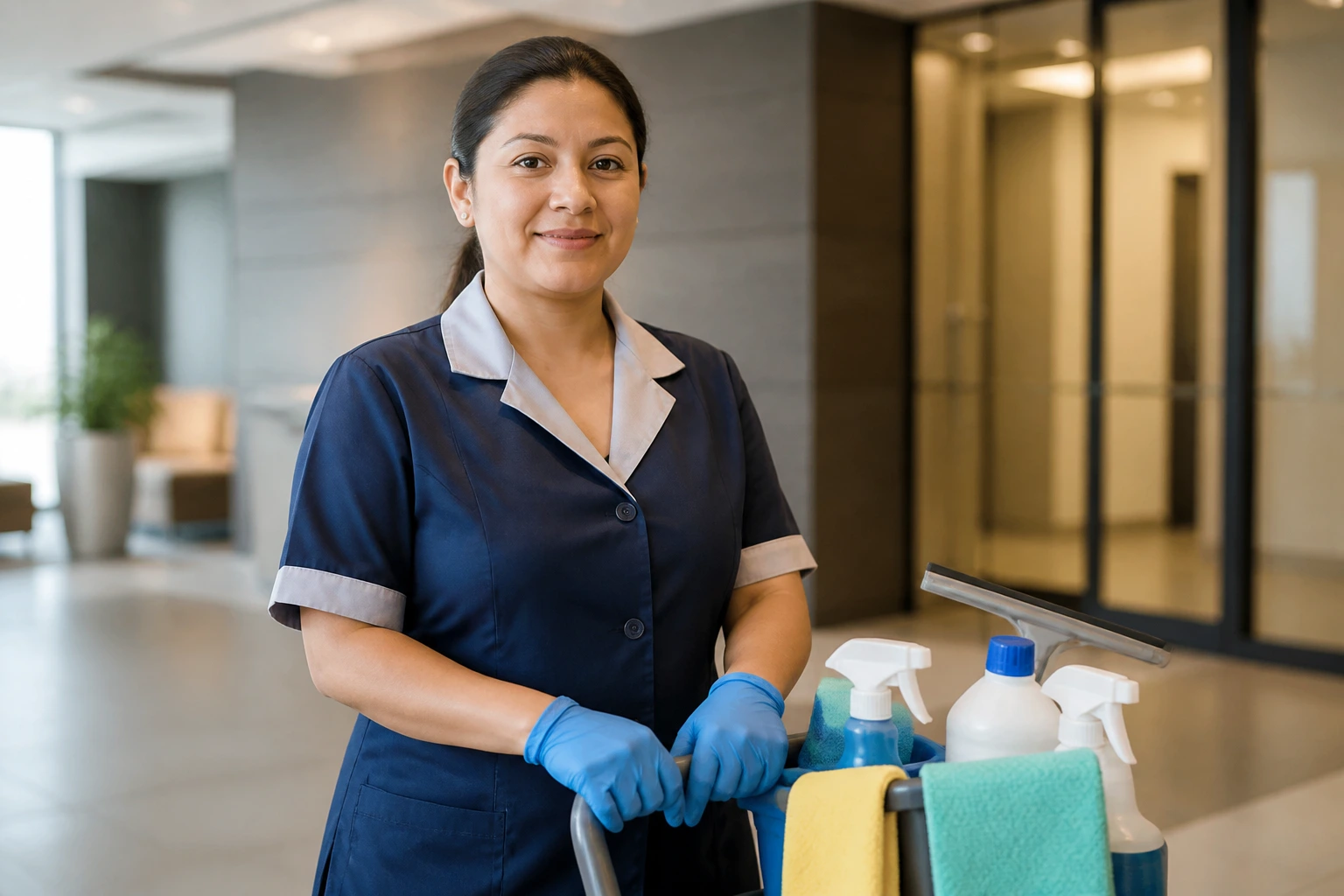 Cleaner in uniform in an office lobby with a blurred background