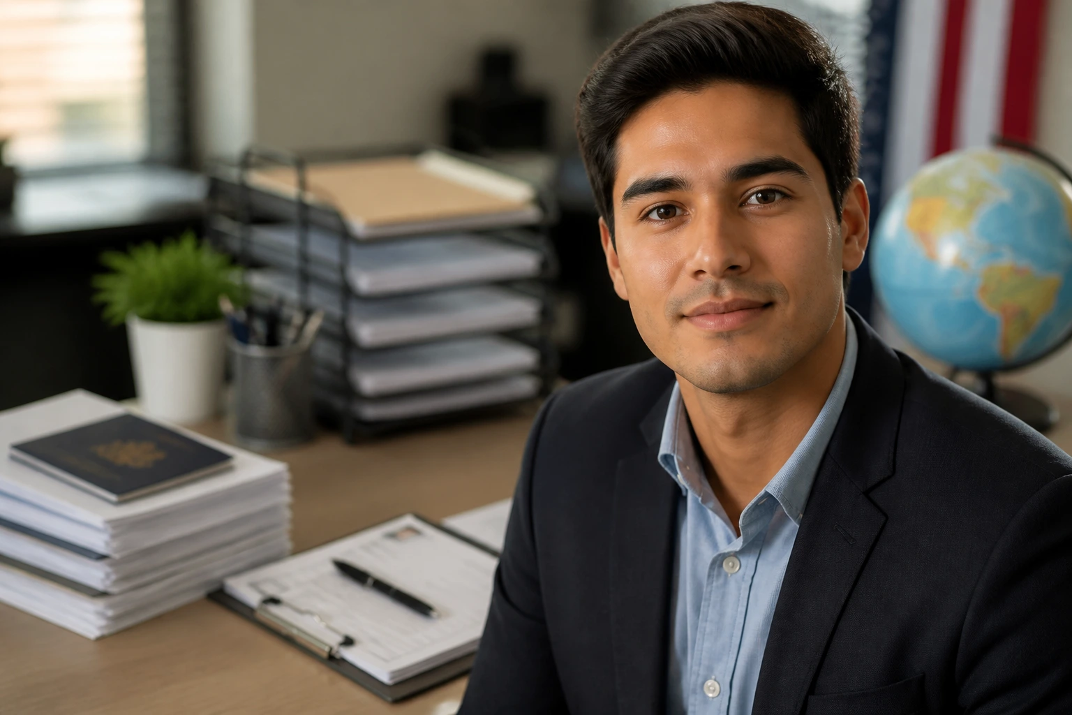 Candidate portrait in an HR office with visa routes concept
