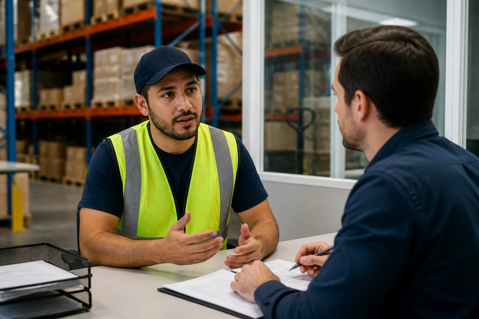 Warehouse worker discussing visa path with supervisor in a warehouse setting