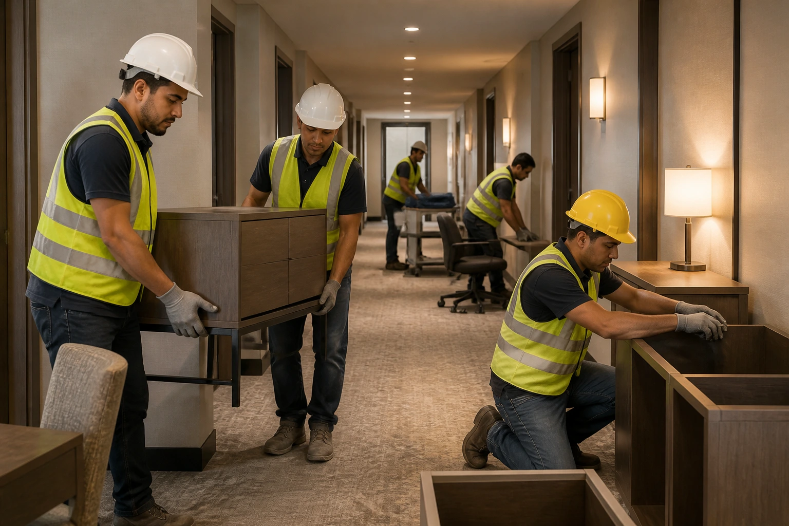 Team of furniture installers working on a hotel/office project in a corridor