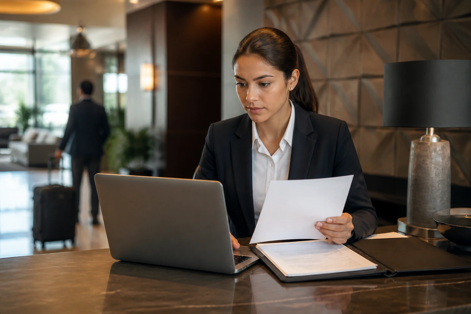 Hotel staff evaluating visa routes in a lobby setting