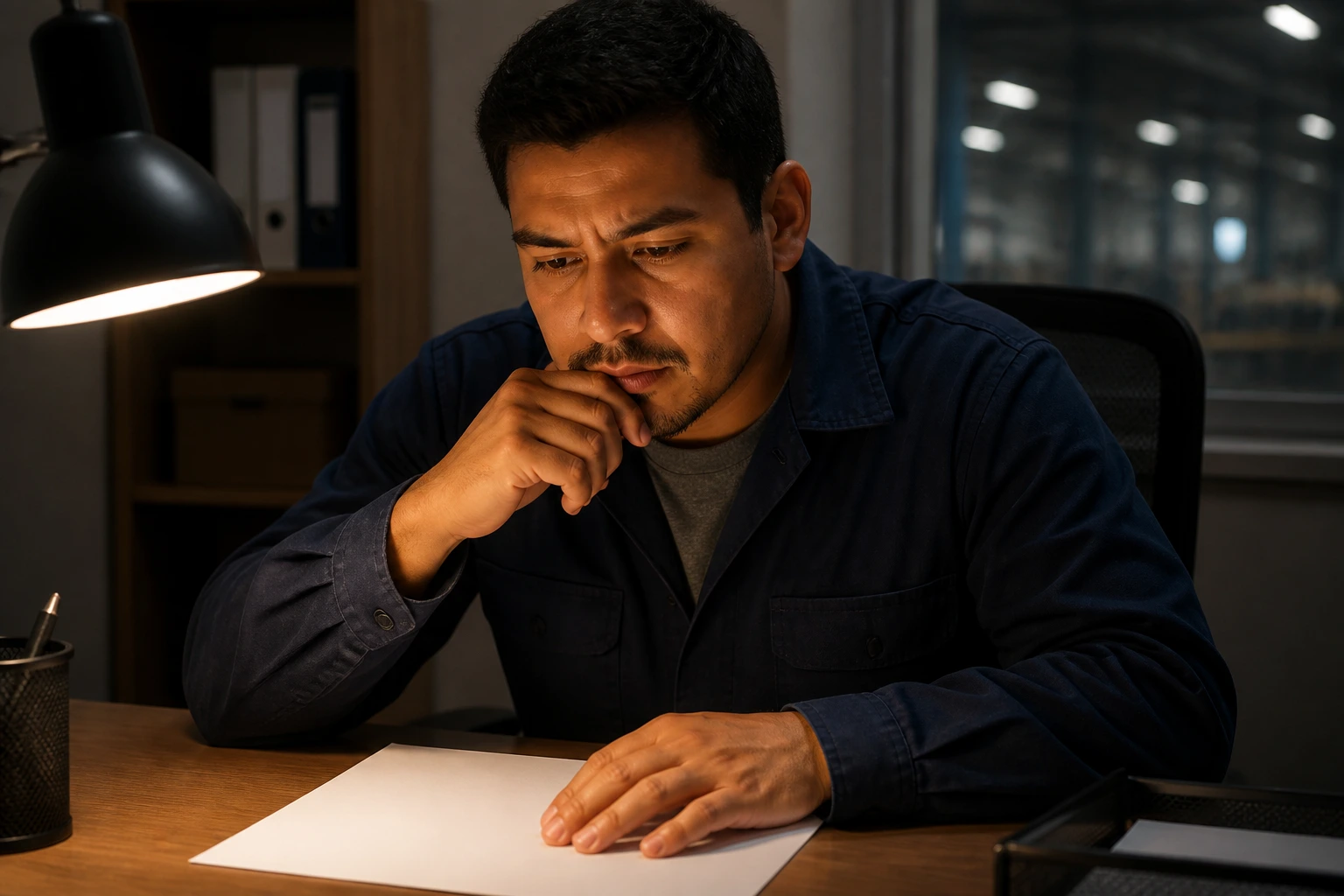 Worker studying a blank document with a thoughtful expression.