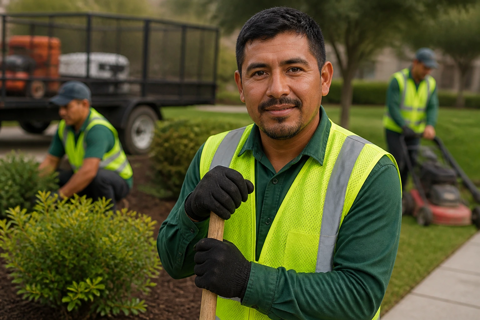 Gardener in high-visibility vest at an outdoor landscaping site