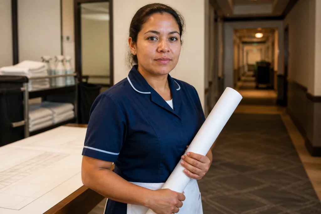 Portrait of a cleaner in uniform in a hallway with planning materials, symbolizing the H-2B process steps