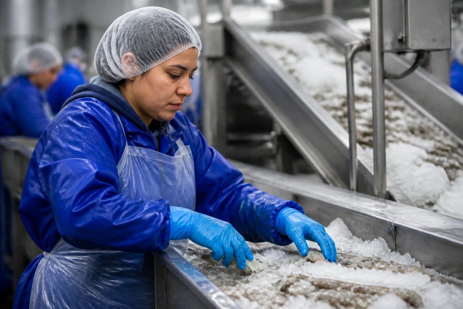 Seafood processor worker sorting in peak season