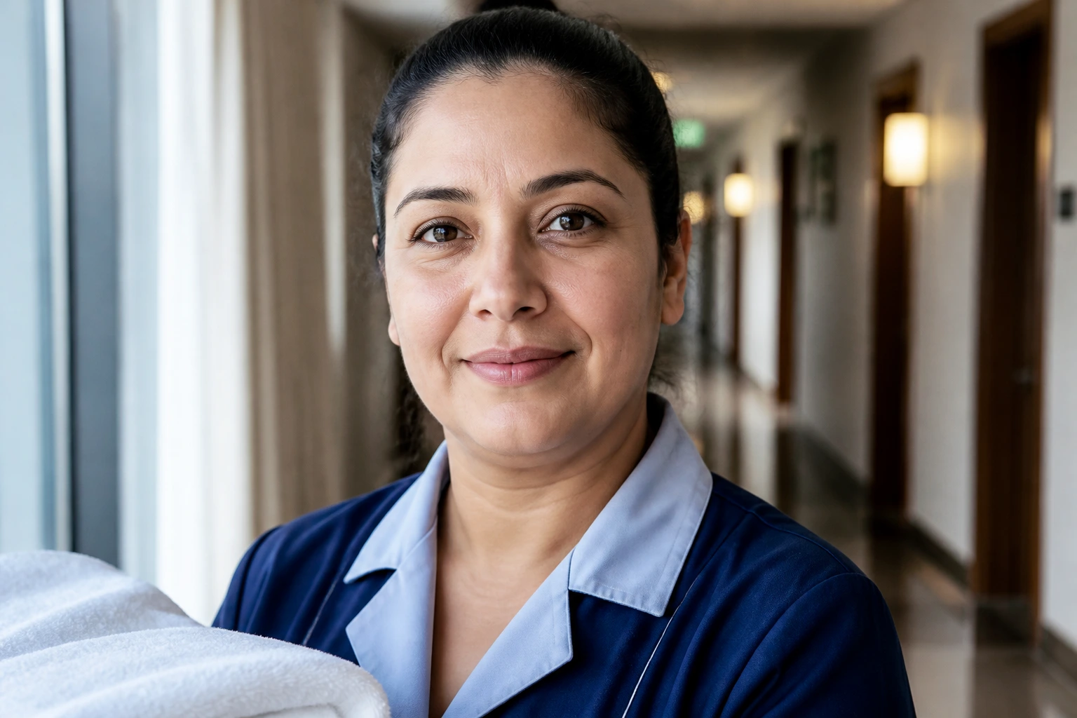 Portrait of a hotel cleaner in uniform in a corridor, illustrating cleaner jobs in the USA with H-2B sponsorship context.