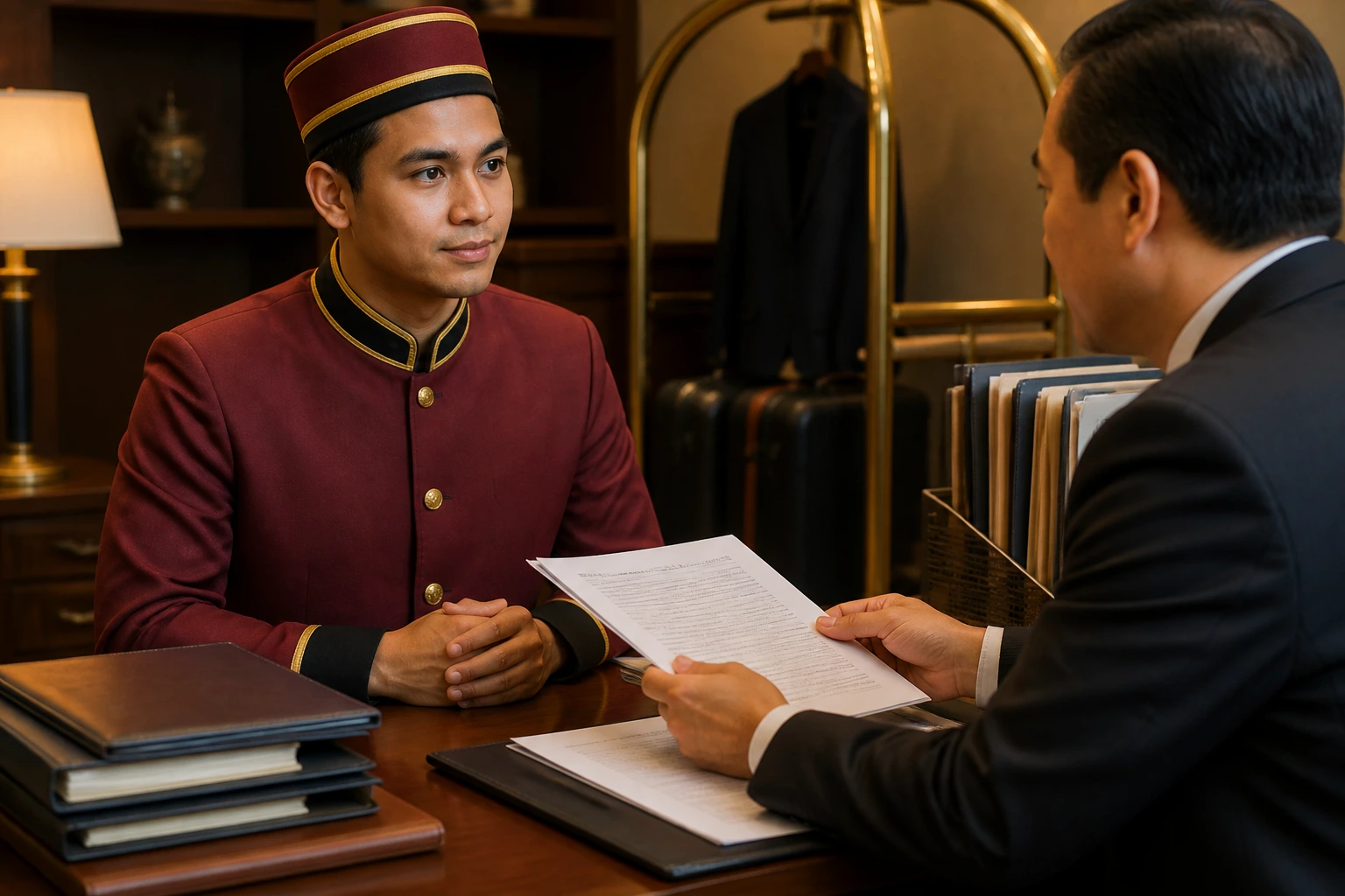 Bellhop at a hotel back-office discussing sponsorship with supervisor