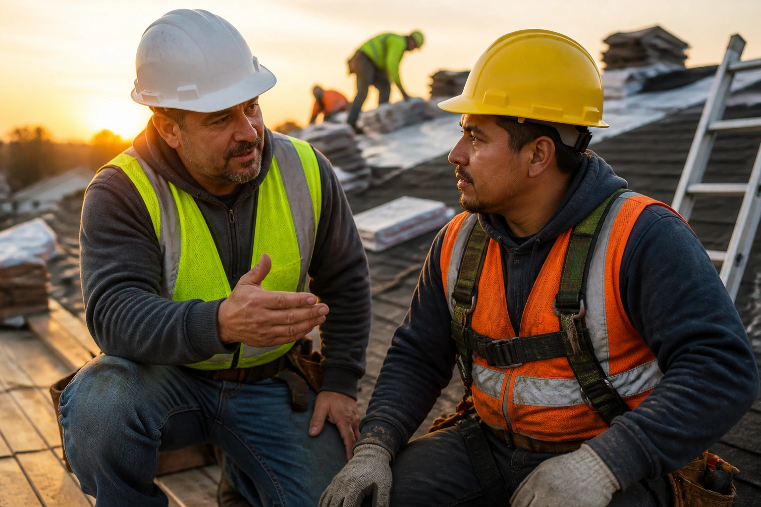 Foreman talking with a foreign worker on a roof at sunrise