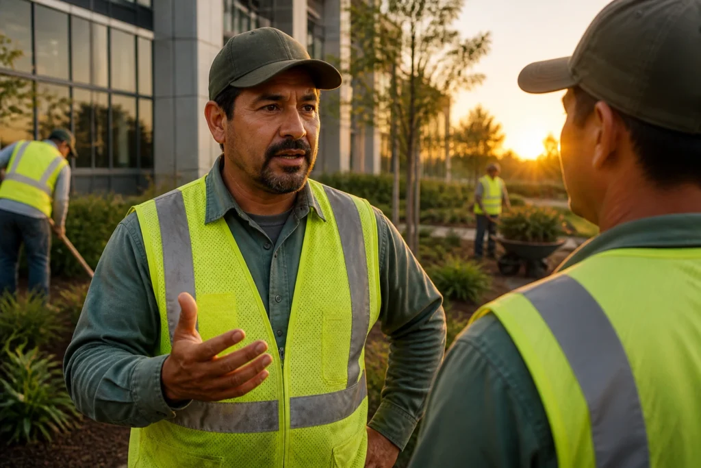 Supervisor discussing at a landscaping job site in morning light