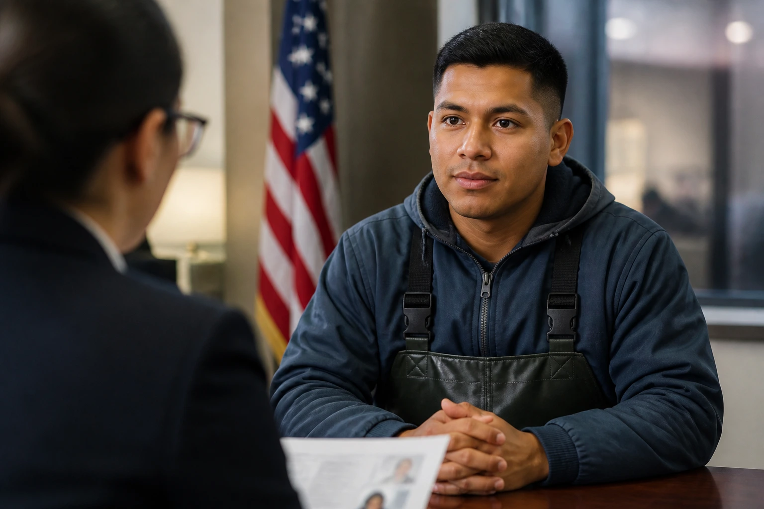 Portrait of a job applicant in interview setting for H-2B visa process