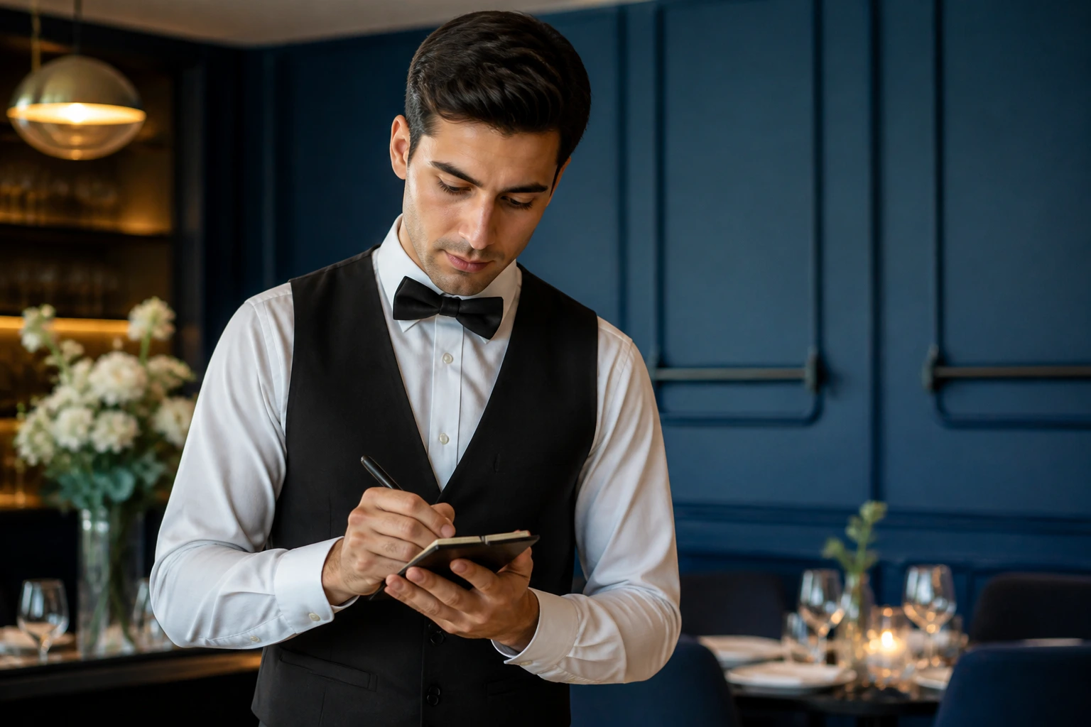 Waiter in a restaurant foreground with abstract legal-themed background